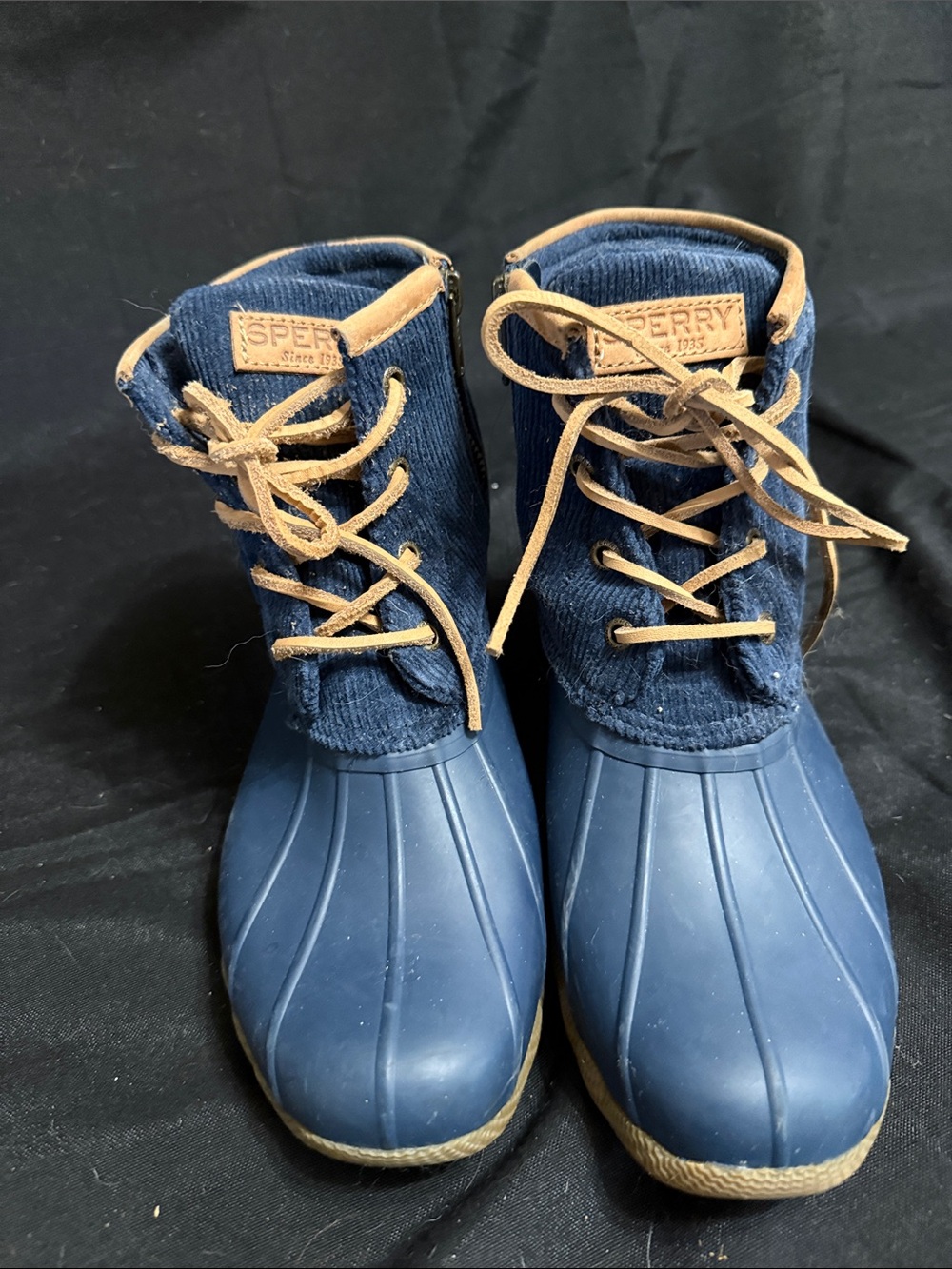 Sperry Navy and Tan Corduroy Duck Boots